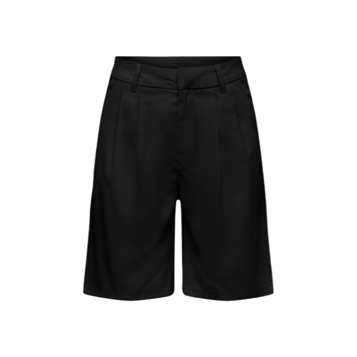 ONLY Aris Life Bermuda; 93% viscosa, linea diritta, vita normale con cerniera nascosta. Lo shorts raffinato e traspirante per l'estate. Colore nero vista frontale stesa