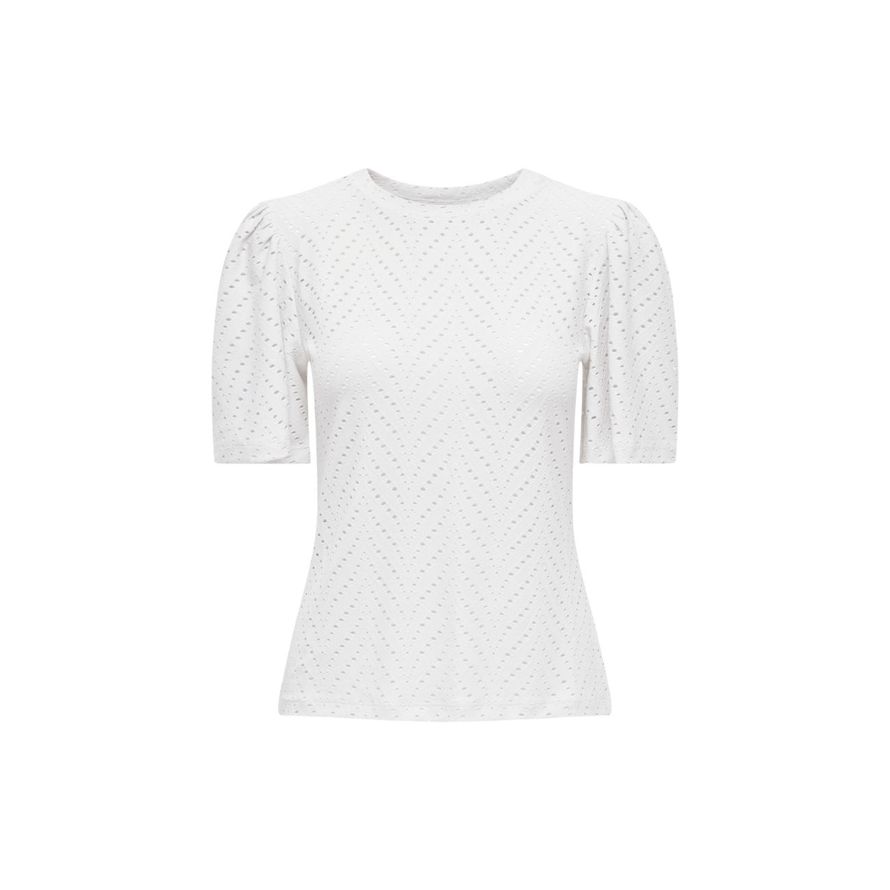 T-shirt bianca traforata JDY Carla Cathinka, tessuto stretch traspirante con effetto texture, maniche corte e linea regolare; maglietta nera versatile per la primavera-estate. Vista frontale Stesa