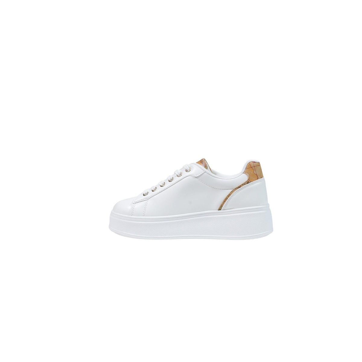 Sneakers bianche platform donna Alviero Martini Prima Classe 26IZ11625300. Scarpe da ginnastica in ecopelle bianca con suola rialzata 5,5 cm, inserti mappa Geo Classic, logo dorato e soletta estraibile.