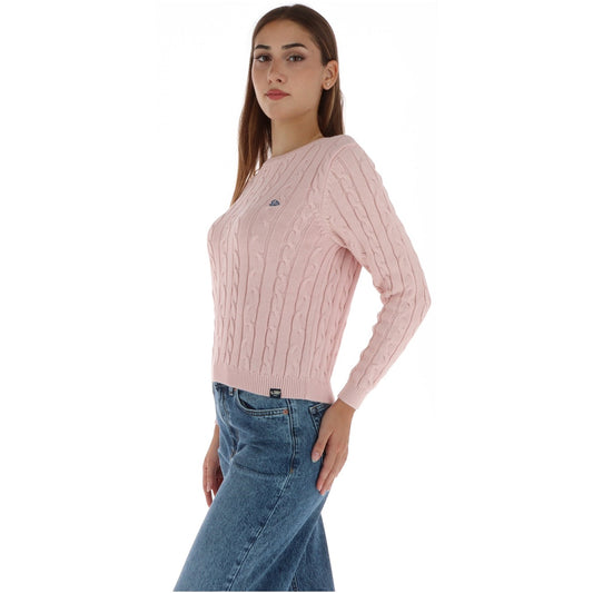 Maglione rosa chiaro donna a trecce Superdry W6110801A Pale Pink. Pullover girocollo invernale in cotone biologico con bordi a costine e logo SD&CO.