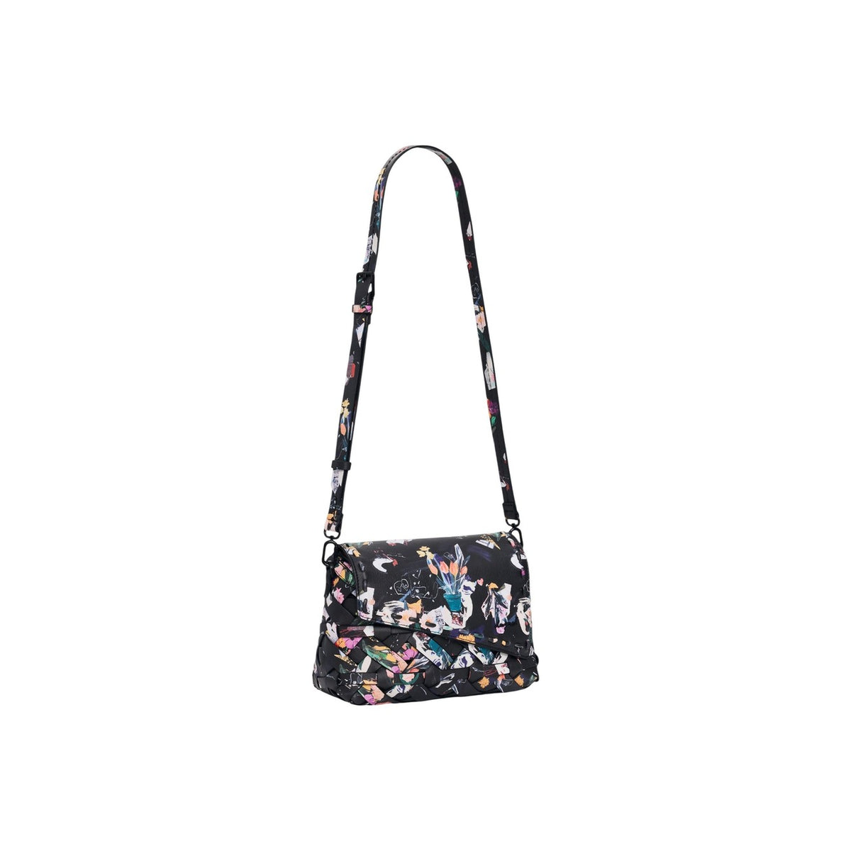 Borsa piccola con patta, tracolle intercambiabili, dettagli intrecciati e stampa di fiori.