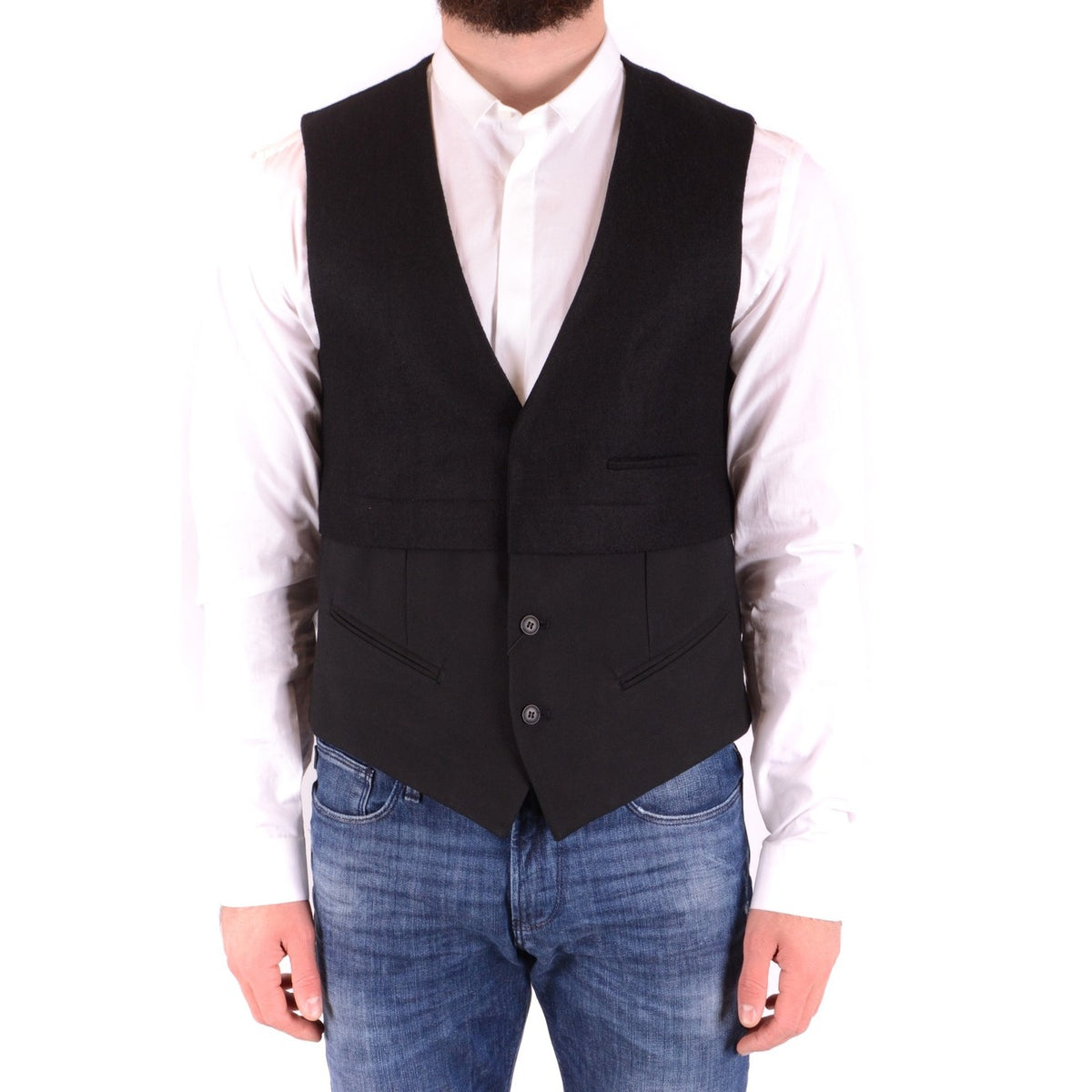 Gilet Antony Morato uomo nero con bottoni scollo a V senza maniche 53% poliestere 44% lana vergine 3% elastan - vista frontale indossato da modello