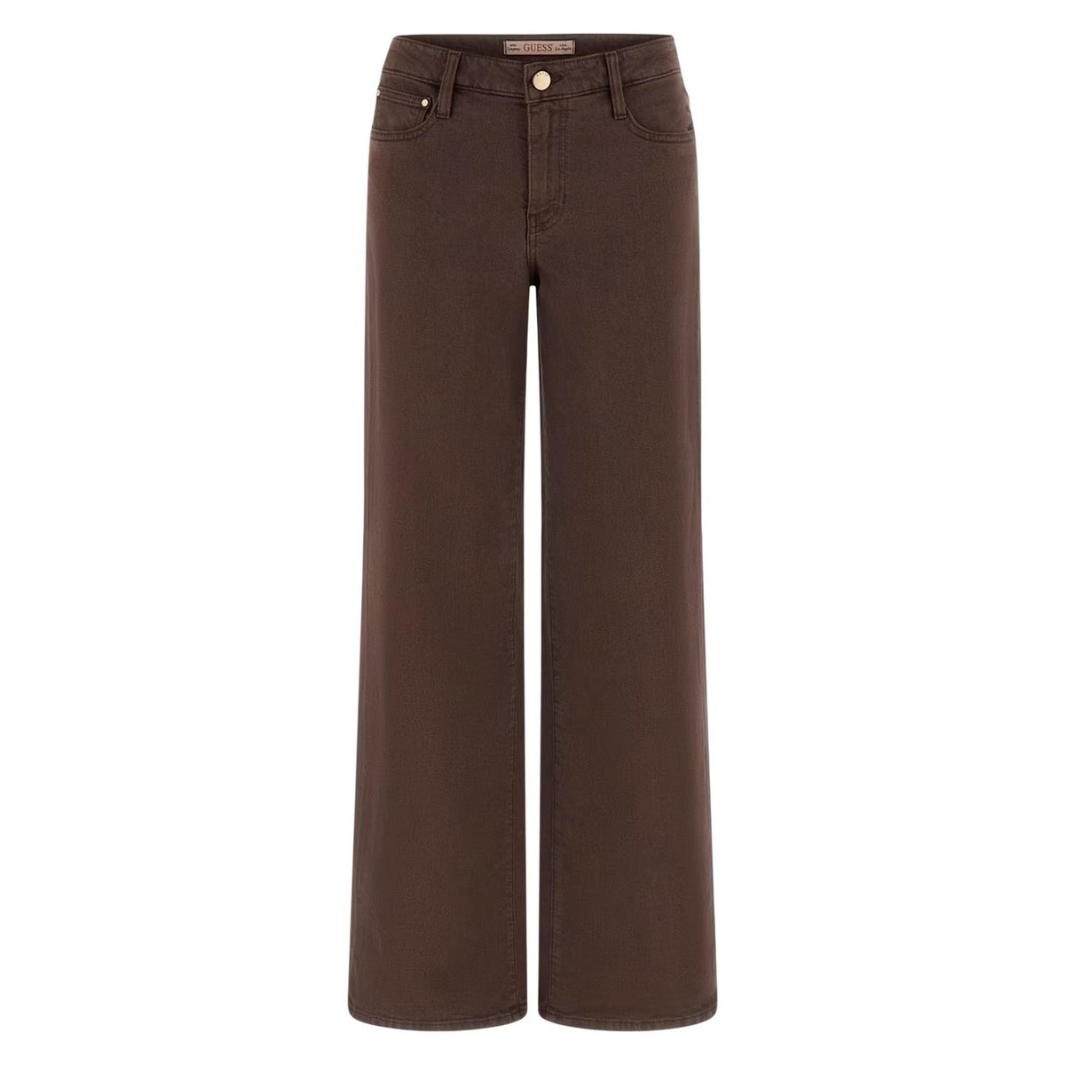 Jeans Guess Sexy Palazzo; Denim Stretch con TENCEL™ Modal. Wide Leg, vita bassa, 5 tasche. Jeans donna ecosostenibili dalla morbidezza superiore e vestibilità fluida. Colore marrone vista frontale Stesa