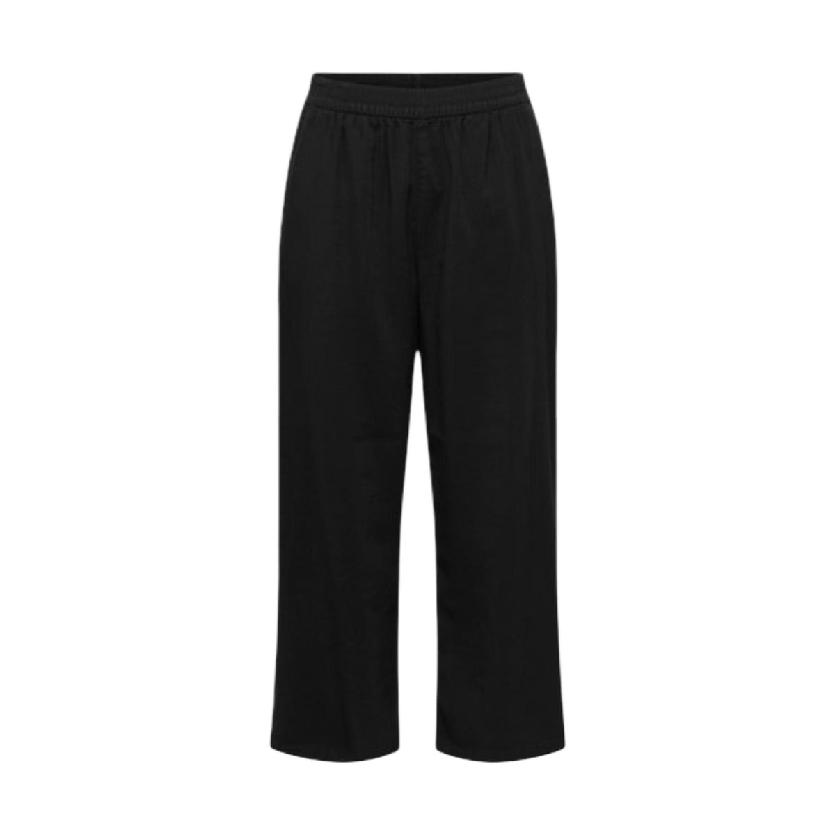 Pantaloni Culotte Only Onlaris; 93% Viscosa Sostenibile. Gamba ampia, vita elastica, tasche laterali. Pantaloni donna freschi, leggeri e facili da abbinare per la PE26. Colore nero vista frontale Stesa