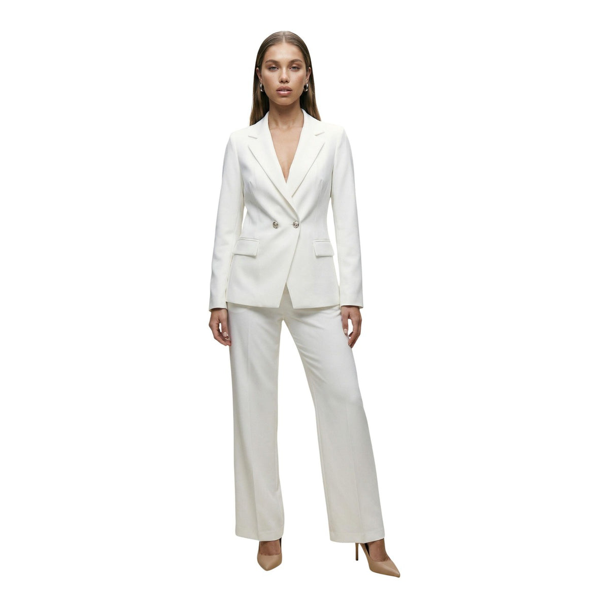 Pantaloni I AM Wide Leg; 88% Poliestere, 12% Elastan. Bianco Ottico, piega centrale, Regular Fit. Pantaloni donna eleganti e fluidi, Made in Italy. Completo giacca e pantalone