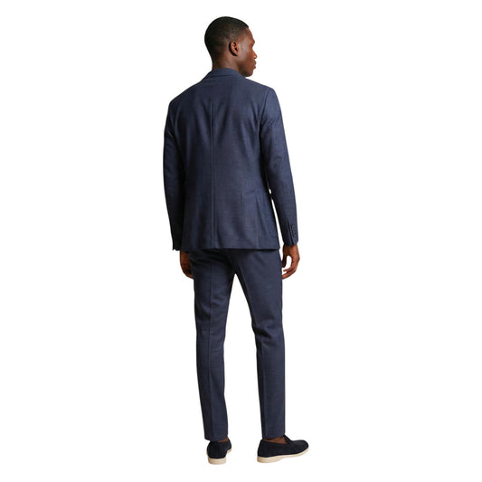 Abito Doppiopetto Mulish Blu; Modello Giorgione. Giacca 4 bottoni, revers a lancia, pantalone dritto. Tessuto comfort-stretch, vestibilità moderna. Ideale per cerimonie e business. Codice: ABS707. Vista posteriore