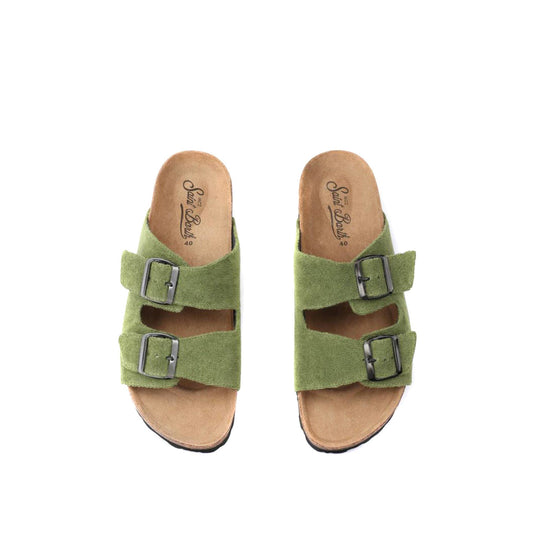 Sandali in Spugna Mc2 Saint Barth; Verde Militare. Doppia fascia regolabile, plantare in sughero, tomaia 100% cotone. Leggeri, originali e confortevoli per l'estate. Viste dall’alto