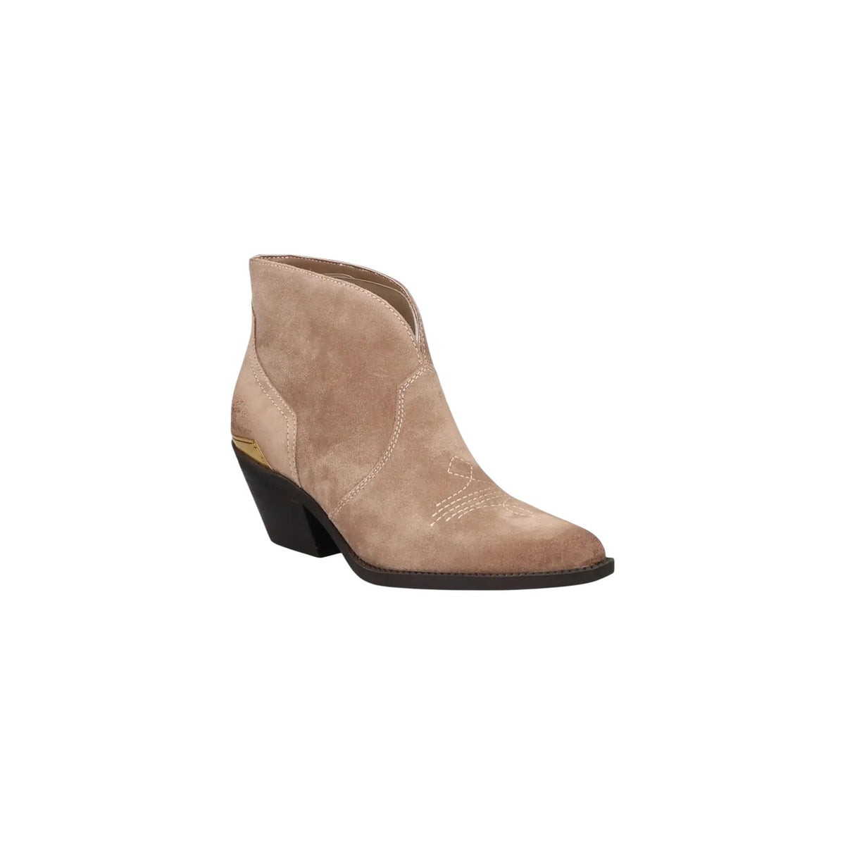 Stivaletti beige donna Liu Jo Austin 03. Stivali texani bassi in camoscio beige con tacco cubano 6 cm, punta affusolata, dettagli cuciture stile bohémien e logo metallico.