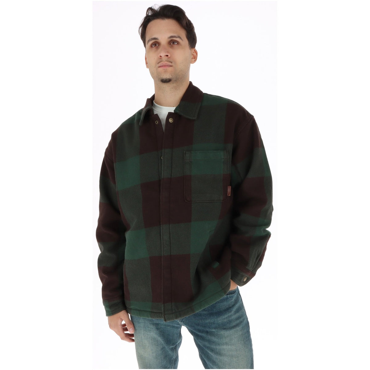 Giacca camicia uomo Timberland – Overshirt a quadri verde con pile interno TBC0YHD3.