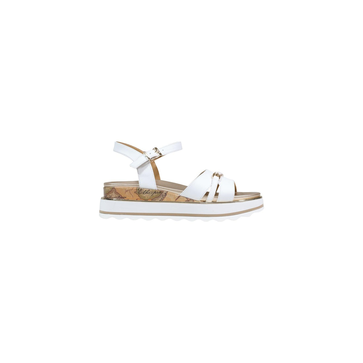 Sandali Alviero Martini stampa Geo; zeppa con suola dentellata, fascette incrociate, chiusura con fibbia. Comfort iconico per l'estate. Colore bianco