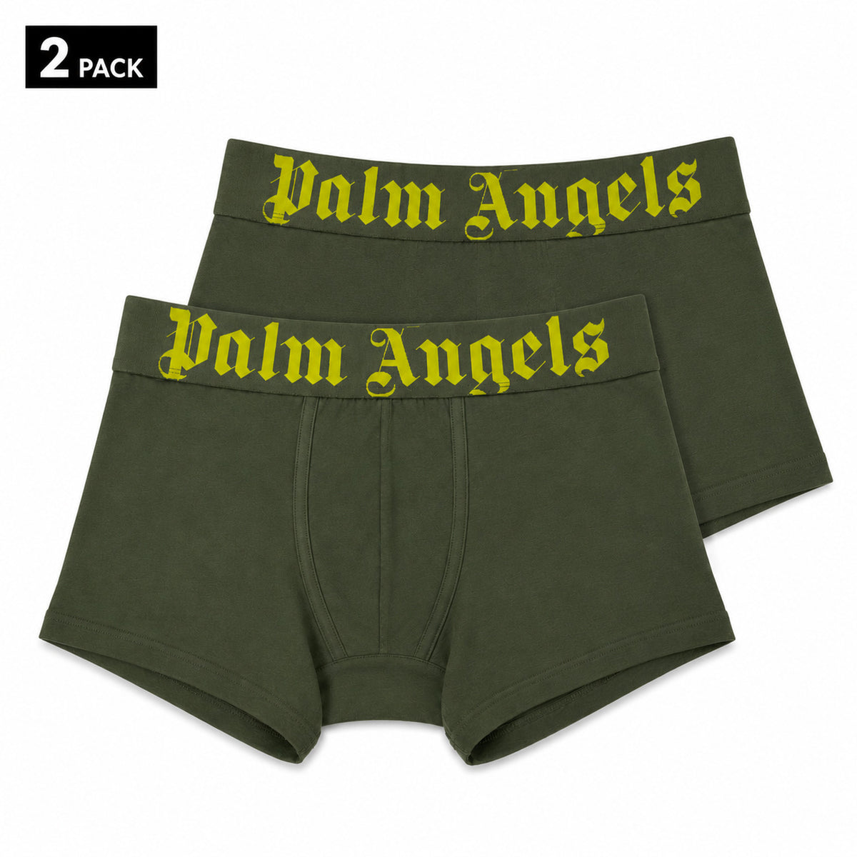 Set 2 Boxer Palm Angels; Verde/Giallo. Fascia logata iconica, cotone elasticizzato premium, vestibilità aderente. Il tocco streetwear definitivo per l'intimo quotidiano.