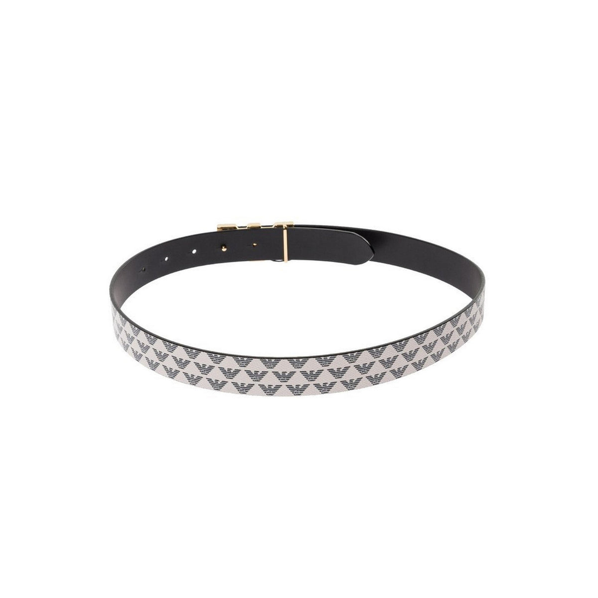 Cintura Emporio Armani Bianca; Pattern Aquila. Fibbia metallica dorata sagomata, altezza media. Realizzata in Italia. Accessorio versatile per blazer e pantaloni, stile Primavera/Estate. Vista posteriore
