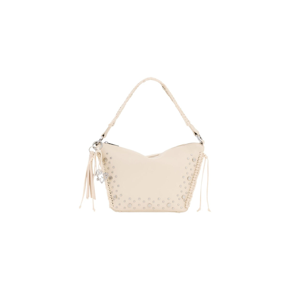 Borsa Desigual beige con frange e borchie; 39x19x7 cm, effetto pelle, cinghie intercambiabili, collezione SS26. Stile eclettico e versatile. Vista frontale