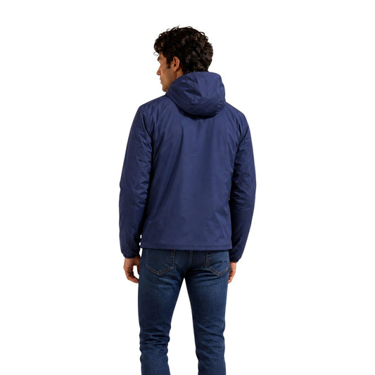 Giubbotto K-Way uomo reversibile Blue Depth Beige Jack K6128VW. Giacca corta con cappuccio regolabile, tessuto impermeabile e traspirante, tasche con zip e logo in silicone bianco.