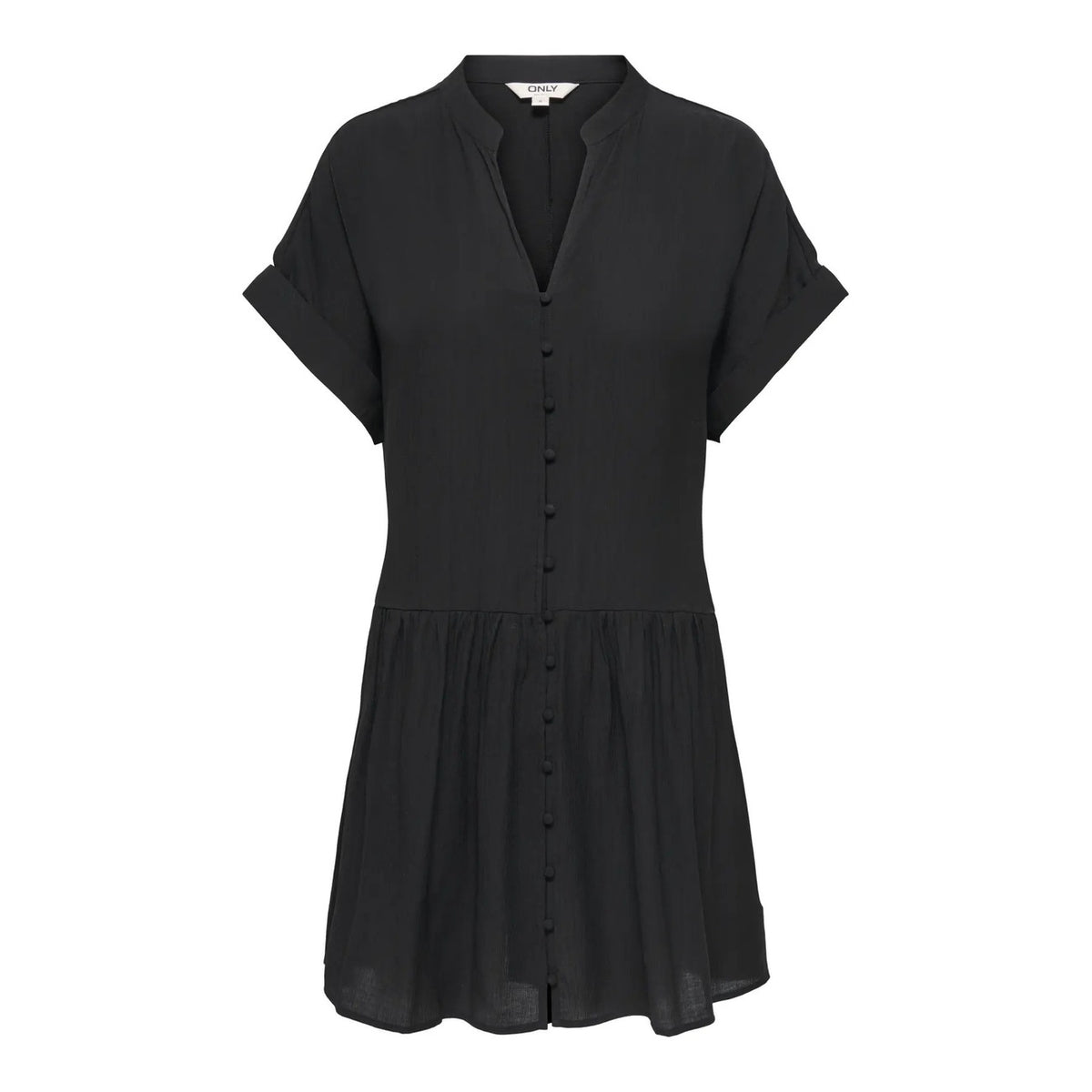 Abito Corto Donna Nero Only; Vestito stile chemisier a maniche corte con polsini risvoltati, scollo a V e chiusura con bottoni. Taglio regolare segnato in vita, stile casual-chic leggero. Frontale stesa