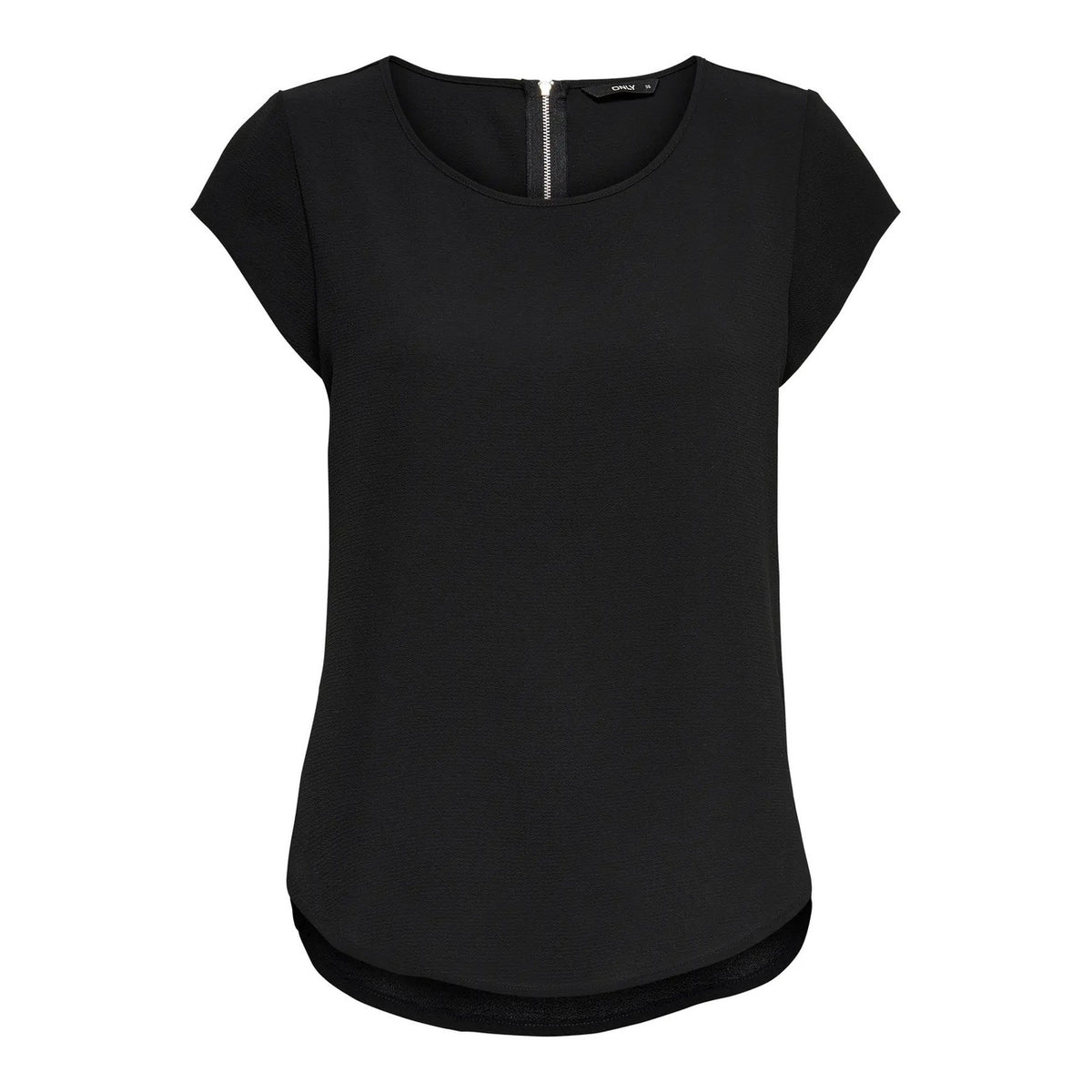 Blusa Only donna maniche corte modello 15142784. Top estivo casual regular fit con girocollo, fondo asimmetrico più lungo dietro e chiusura a zip, maglietta elegante e leggera in poliestere ed elastan per la primavera estate.