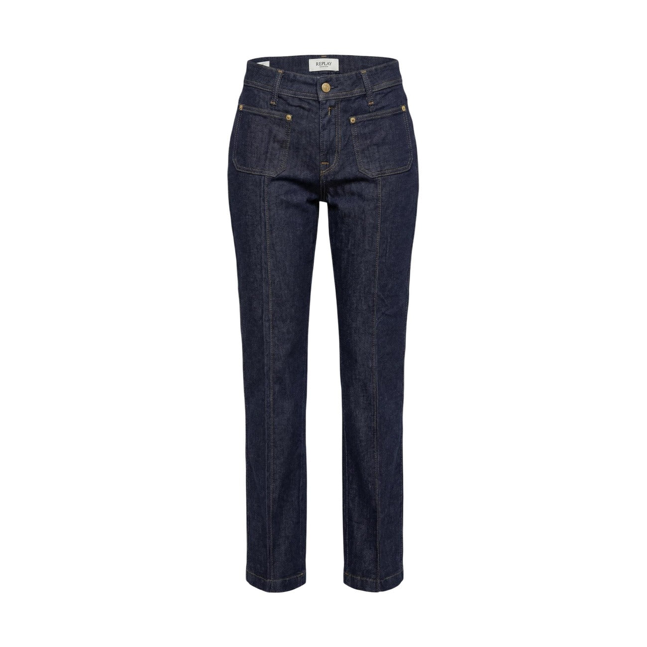 Replay Jeans Donna Sigaretta Dark-Blue; vita alta, tessuto elasticizzato premium, taglio slim. Il jeans scuro elegante e versatile per ogni stagione. Vista frontale stesa