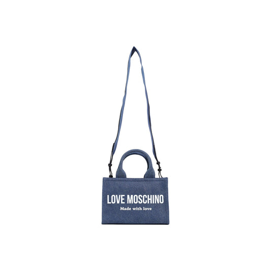 Borsa Love Moschino donna blu bauletto modello JC4055PP1. Borsetta media a mano in tela blu scuro con doppi manici, logo stampato bianco e scritta motto sul davanti, stile casual chic ed elegante.