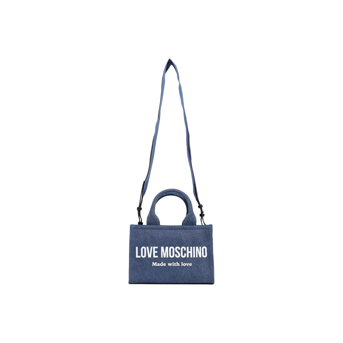 Borsa Love Moschino donna blu bauletto modello JC4055PP1. Borsetta media a mano in tela blu scuro con doppi manici, logo stampato bianco e scritta motto sul davanti, stile casual chic ed elegante.