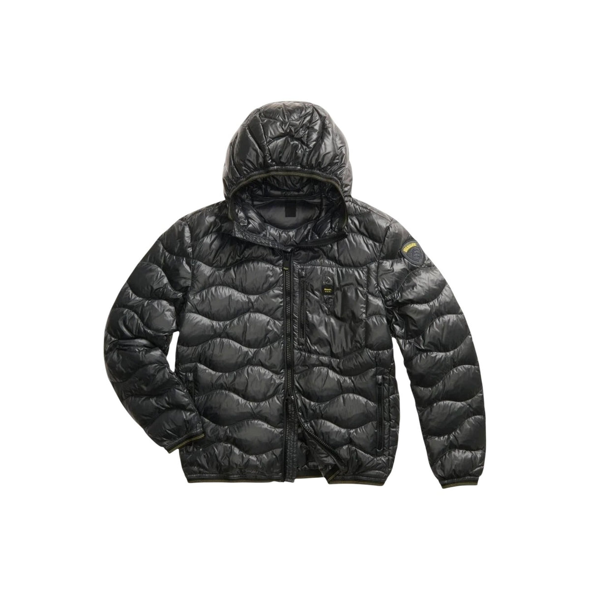 Giubbotto Blauer Piumino ad onde WAVE uomo nero con cerniera cappuccio tasche maniche lunghe 100% poliammide - vista frontale steso