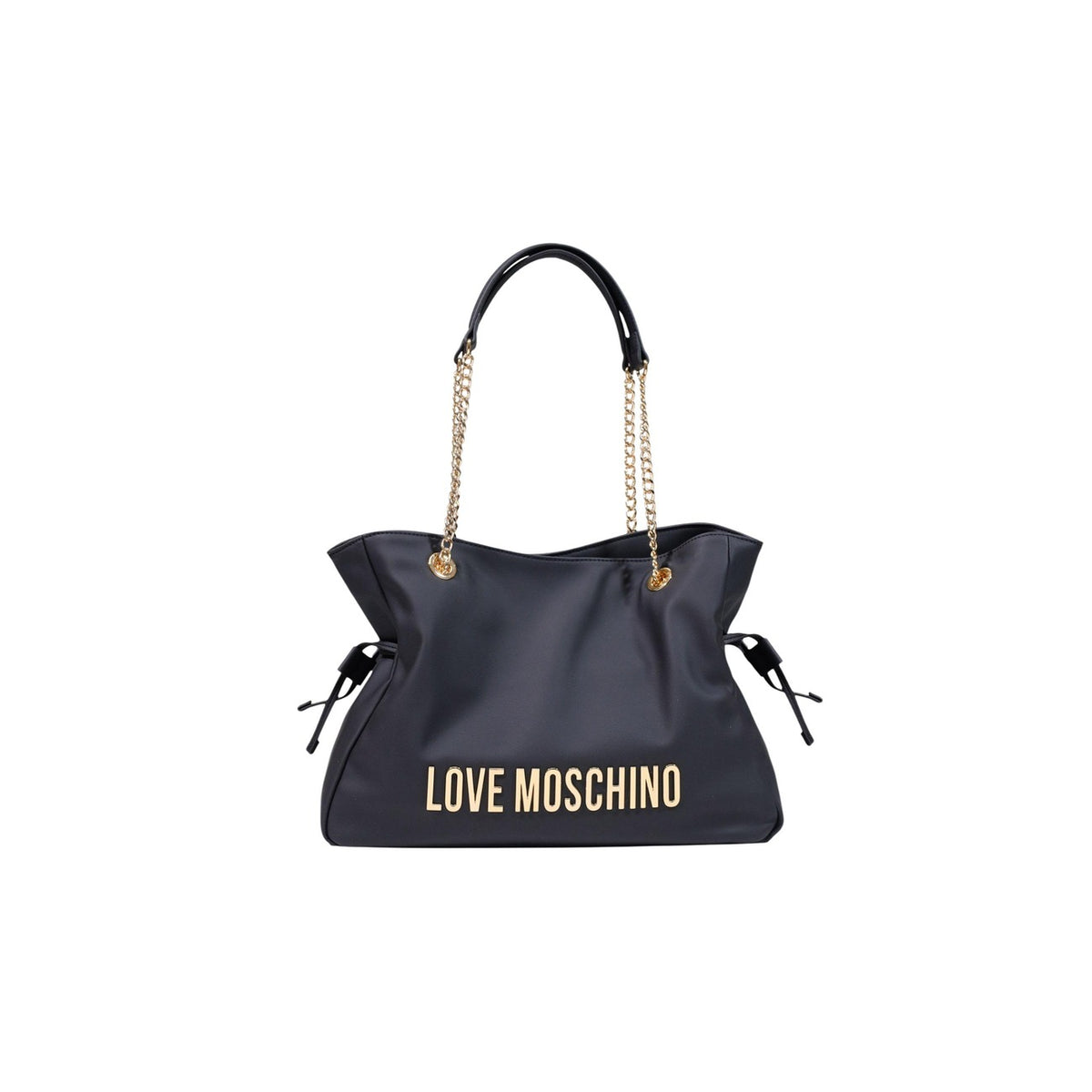 Borsa Love Moschino donna nera shopping modello JC4186PP1. Borsa grande a spalla nera liscia effetto pelle con maxi logo oro, catene e fiocchi laterali regolabili stile casual chic, romantico e daily glamour.