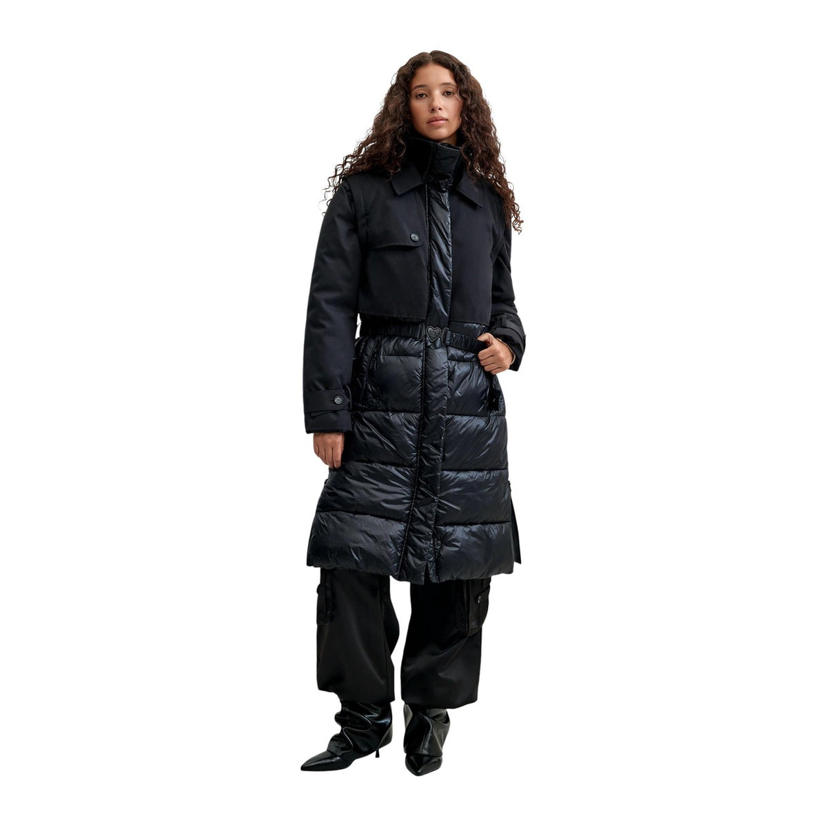 Piumino lungo nero donna Desigual – Cappotto lucido staccabile con cintura 26WWEW352000.