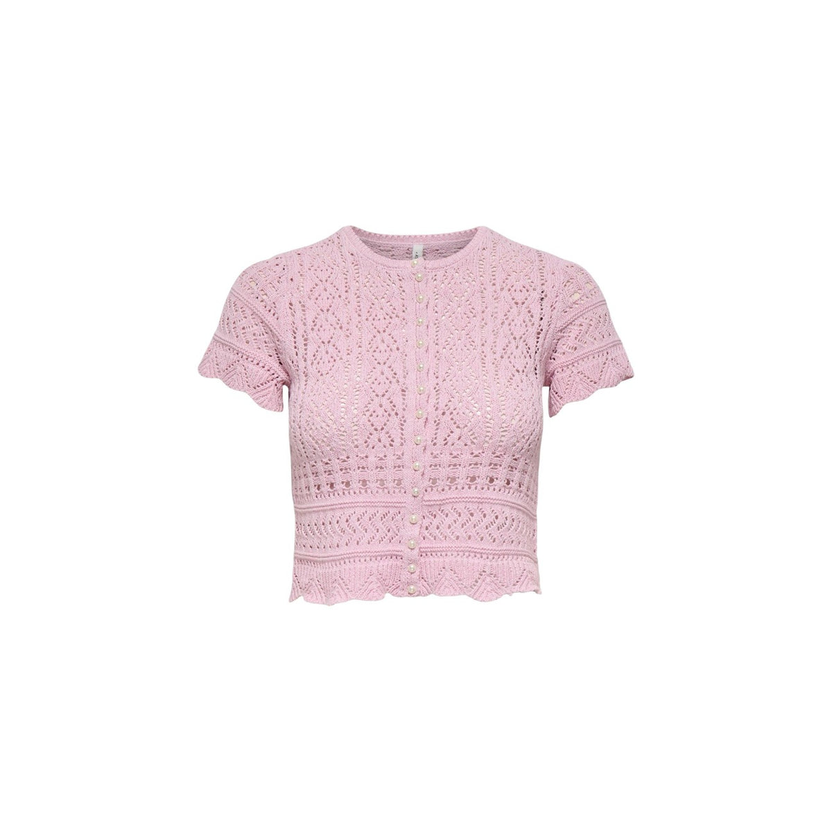 Only Onlelke Pearl Cardigan; cotone e poliestere riciclati, lavorazione a traforo, bottoni perla. La maglia raffinata e sostenibile per un look bon-ton contemporaneo. Colore rosa. Vista frontale