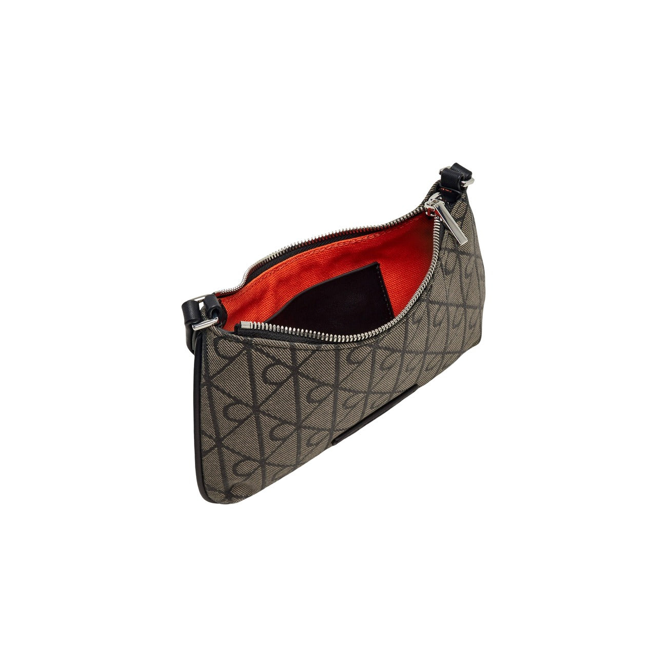 Borsa Mini Calvin Klein Jacquard; Nero. 100% Poliestere riciclato sostenibile, trama logata all-over intrecciata, chiusura con zip e tracolla regolabile. Dimensioni compatte e slanciate (23x14 cm), stile casual-luxury. Vista aperta