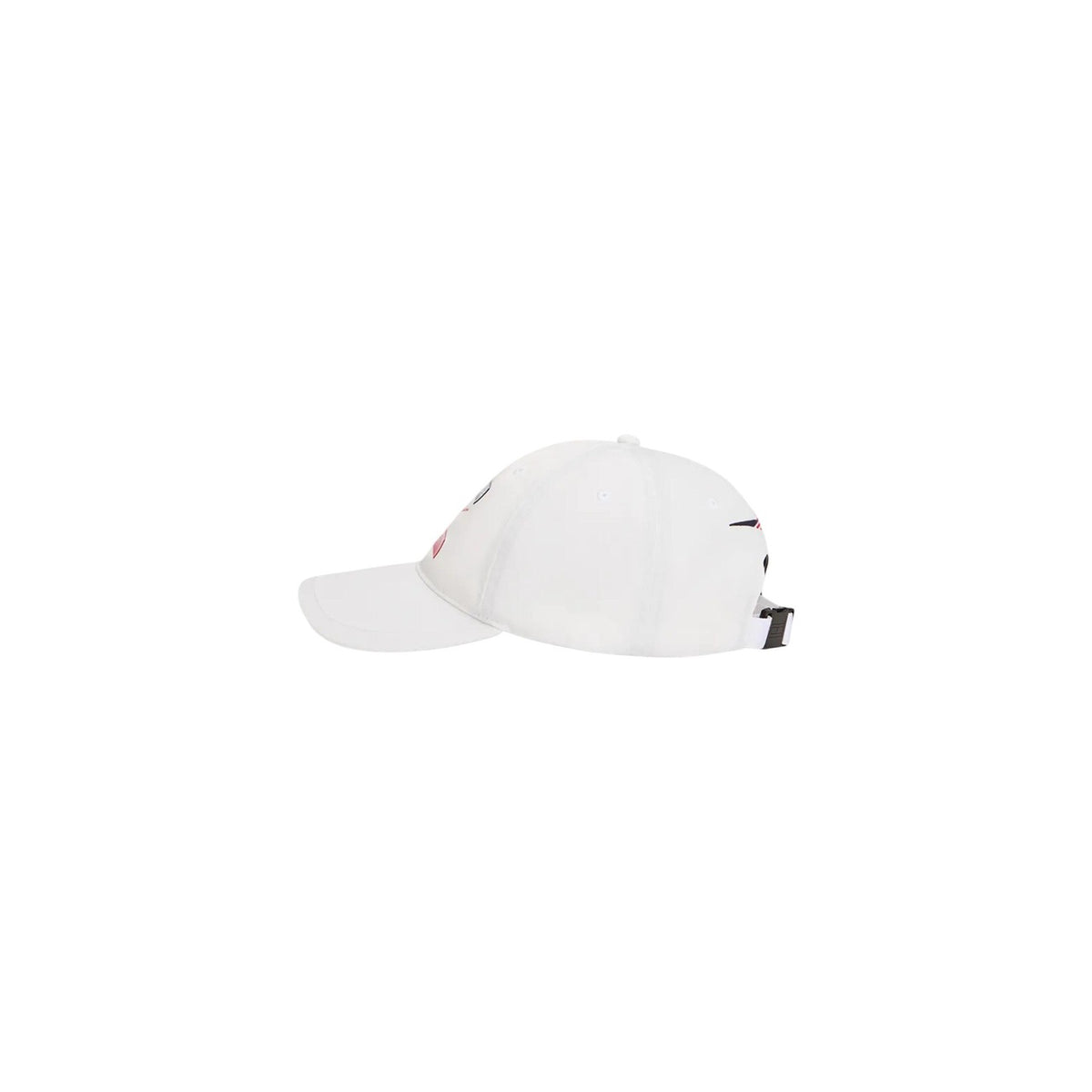 Cappellino bianco uomo Tommy Hilfiger Cadillac Formula 1 AU0AU02091YCF. Cappello da baseball sportivo F1 in tessuto bianco con visiera curva, fori di ventilazione e grafica chevron.