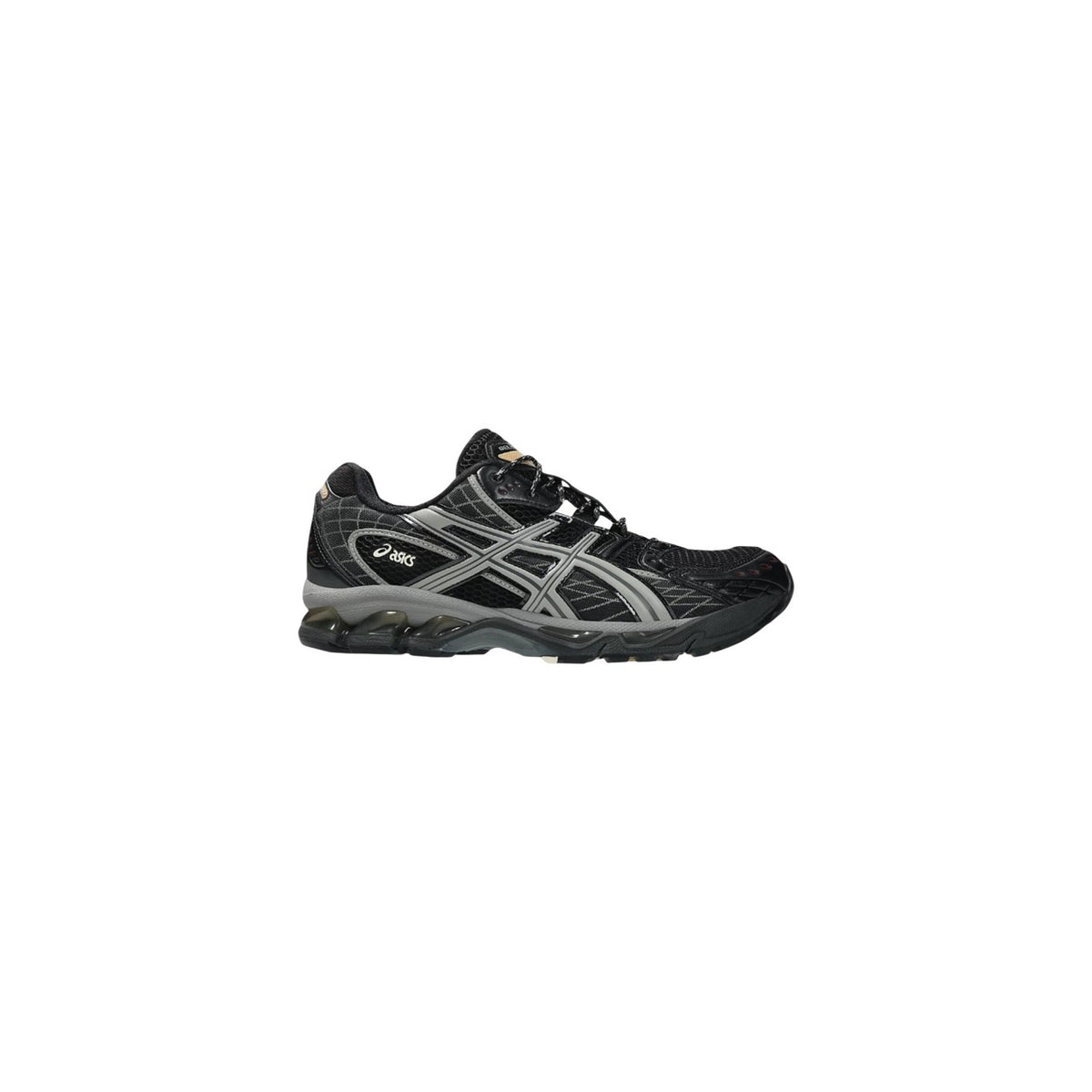 Sneaker Asics GEL-NIMBUS 10.1 stile running anni 2000 con tecnologia GEL e sistema TRUSSTIC. Scarpa sportiva ammortizzata da uomo e donna in mesh traspirante stile urban gorpcore e streetwear. Black/Clay Grey. Vista laterale
