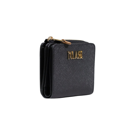 Portafoglio nero zip-around Alviero Martini Prima Classe, stampa Geo Classic e logo dorato in metallo; accessorio donna medio in misto PVC e cotone, elegante e funzionale. Vista frontale Laterale