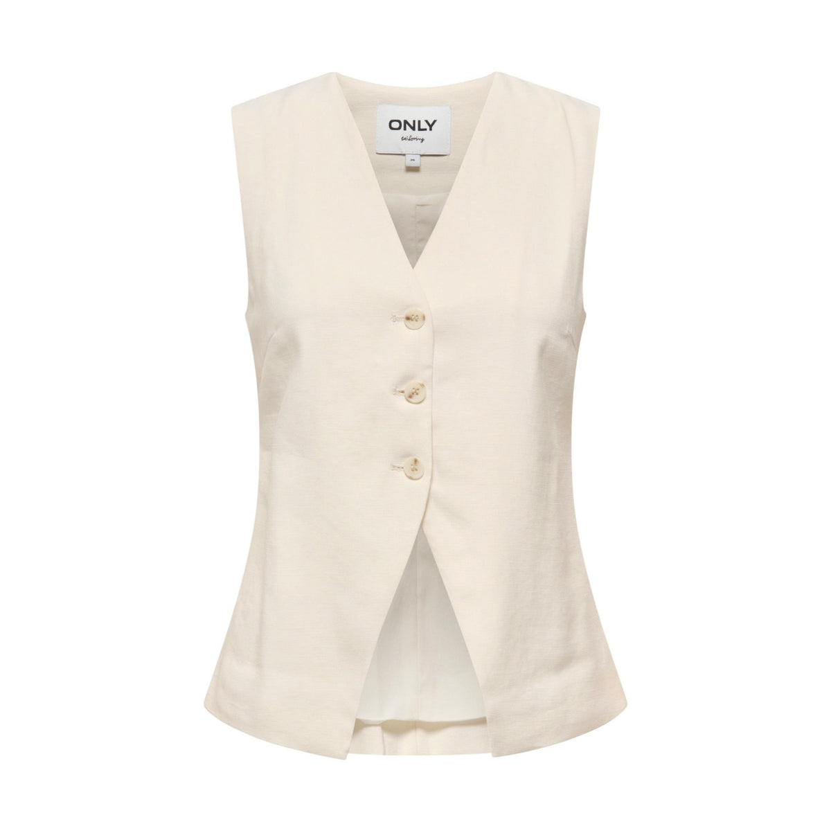 Gilet Only Onltila Life; 88% viscosa, 12% poliestere. Chiusura 3 bottoni, senza colletto, taglio sartoriale fluido. Capo versatile per ufficio e tempo libero, leggero e traspirante. Colore panna vista frontale