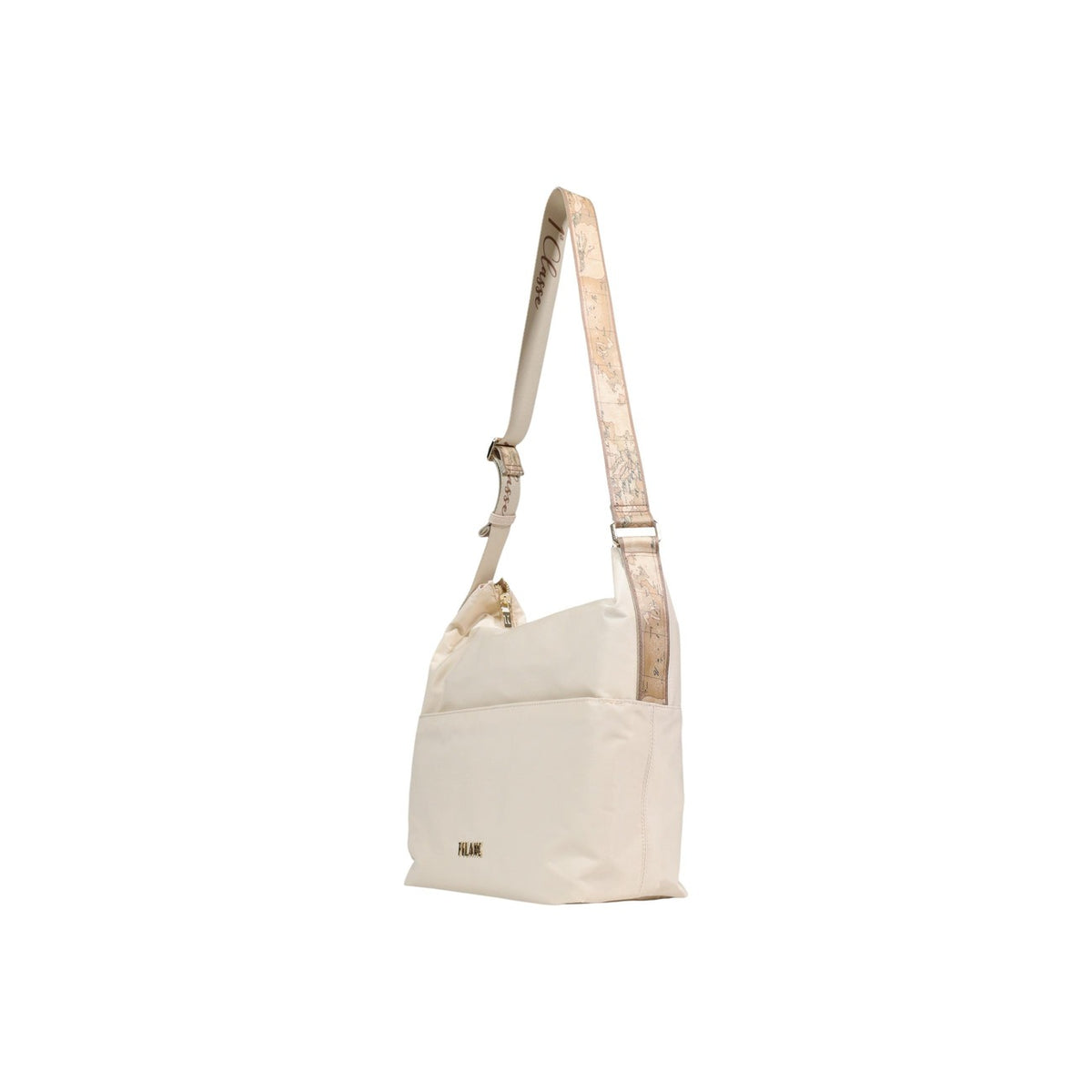 Hobo Bag Alviero Martini LE46; tessuto tecnico nero, tracolla Geo regolabile. Chiusura con zip, logo metallico Prima Classe, formato medio. Struttura morbida, leggera e versatile per ogni occasione. Colore bianco