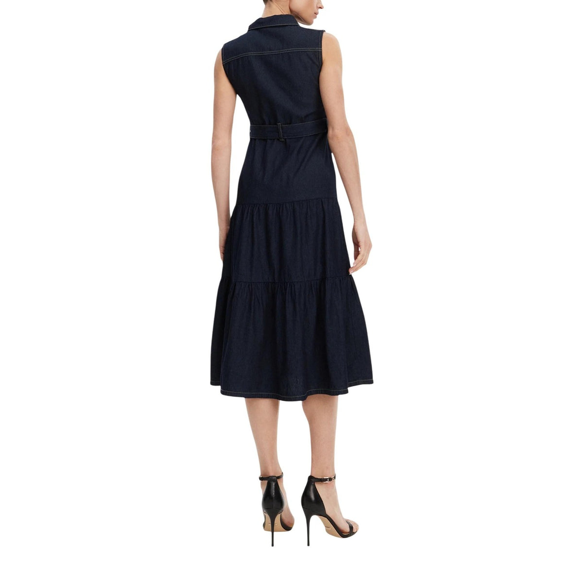 Abito Morgan De Toi donna blu midi smanicato con bottoni - vista frontale indossata da modello