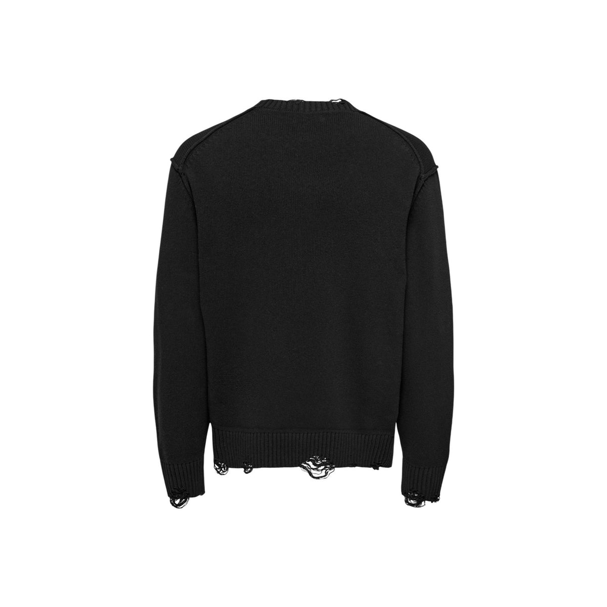 Maglione nero uomo con bordi sfrangiati Only & Sons Onstune 22034238. Pullover eco-friendly girocollo a maniche lunghe in cotone riciclato e poliestere riciclato vestibilità comoda.