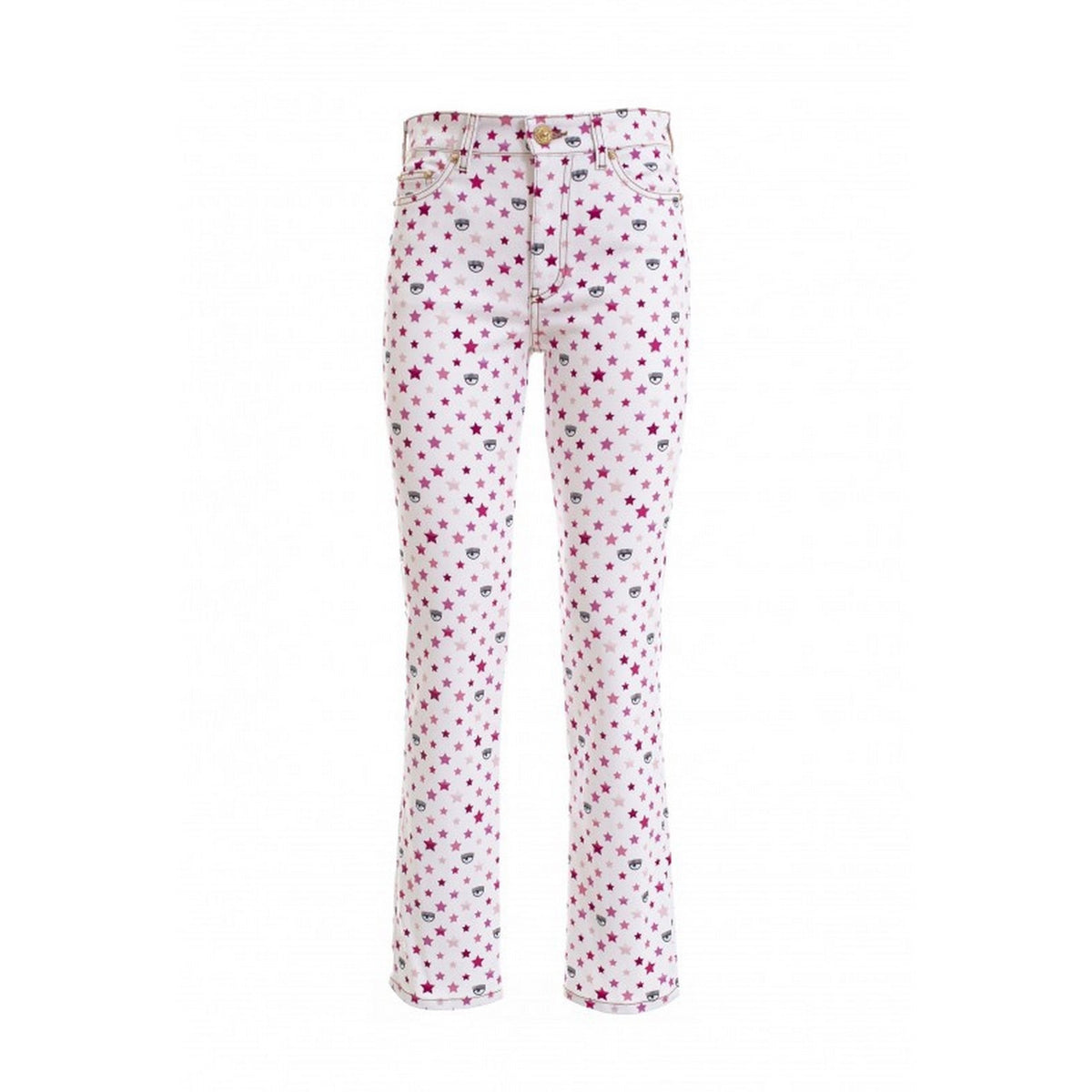 Chiara Ferragni Jeans Donna Bianchi con Zip Bottone Tasche Anteriori Posteriori Fantasia Colorata in Cotone 100% Primavera/Estate B_43788