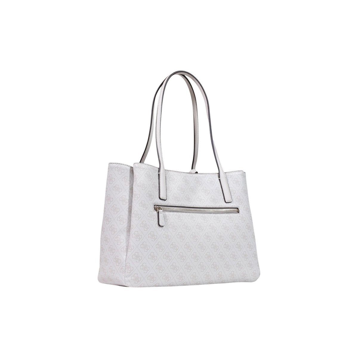 Borsa Shopper Grande Donna Bianca Guess Anadela; Struttura 100% poliuretano con motivo logo all-over e chiusura a zip. Triplo scomparto interno, manici lunghi a spalla e charm coordinato, stile elegante 4 stagioni. Posteriore laterale