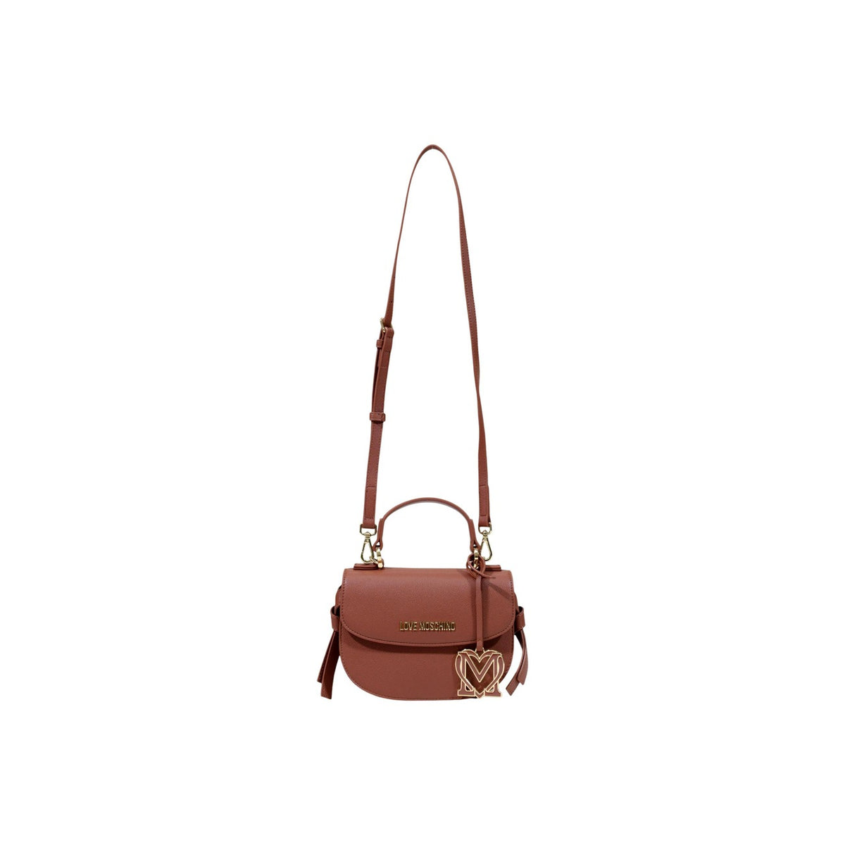 Borsa Love Moschino donna marrone a mano e tracolla modello JC4057PP. Borsetta piccola rigida effetto pelle martellata marrone cuoio con fiocchi laterali, patta e charm dorato con iniziali stile elegante, romantico e da giorno.