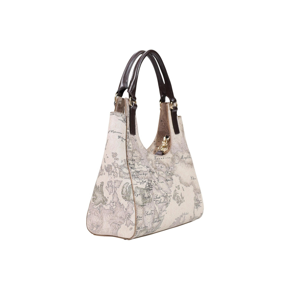 Borsa a mano e spalla Alviero Martini 1 Class Country Geo 26IL4LF9799500590. Borsa tortora grigia con stampa Geo polverosa, finiture in pelle marrone cioccolato, tracolla rimovibile e dimensioni 31x30x12 cm.