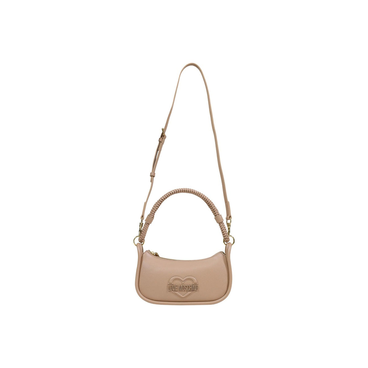 Borsa Love Moschino donna beige a tracolla modello JC4098PP1. Borsetta piccola a spalla color nude/sabbia con manico a treccia, struttura rigida, logo con cuore in rilievo sul davanti e zip, stile casual chic ed elegante.
