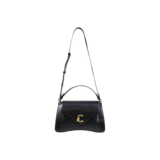 Borsa Coccinelle C-Me Calf Nera; 100% Vera Pelle. Chiusura magnetica, interno a soffietti, tre scomparti, dettagli gold. Borsa a mano e tracolla donna, design premium. Vista frontale con tracolla