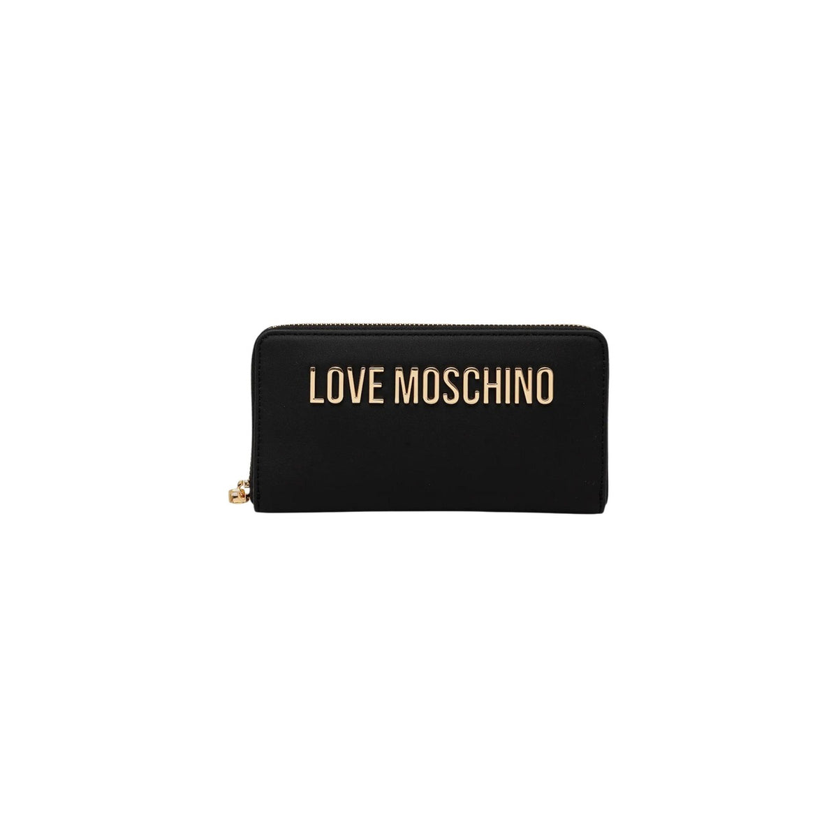 Portafoglio Love Moschino donna nero grande modello JC5611PP1. Portafogli zip-around in ecopelle nera con logo metallico dorato lucido sul davanti e scomparti interni per tessere e monete, stile classico ed elegante.