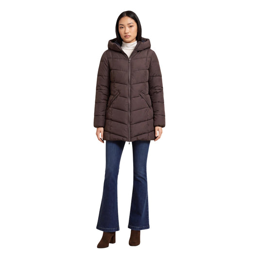 Piumino marrone donna Choral SLI6GC026271D. Giambotto trapuntato pesante con cappuccio, tasche zippate e lunghezza copri-bacino per l'inverno.