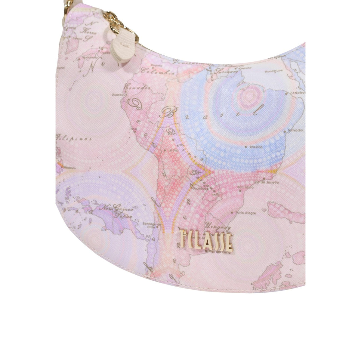 Mini borsa a spalla Alviero Martini Prima Classe, stampa Geo tonalità pastello e logo dorato; borsa piccola in tessuto spalmato resistente con scomparto sicuro a zip. Dettaglio logo