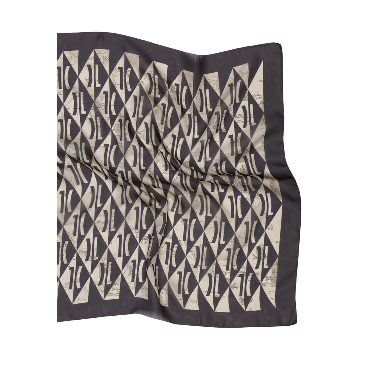 Alviero Martini F123 1829 Foulard; design geometrico a rombi e stampa Geo, 100% poliestere. L'accessorio moderno e iconico della linea Prima Classe. Colore nero. Dettaglio logo