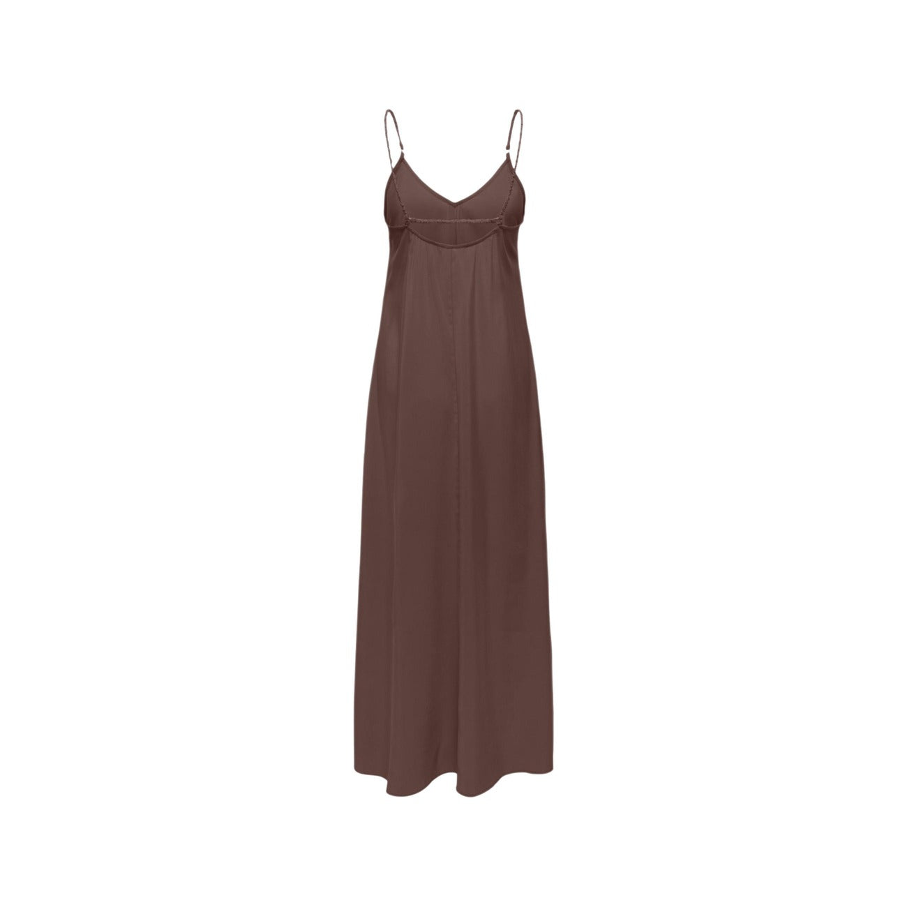 Abito lungo Only marrone; 85% Viscosa, 15% Poliestere. Spalline sottili, scollo a V, stile elegante e leggero. Vestito fluido tinta unita per eventi e serate. Vista posteriore stesa