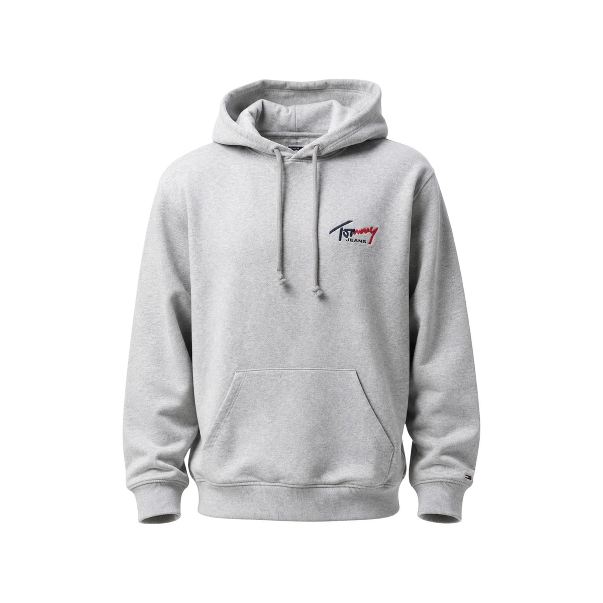 Felpa Grigia con Cappuccio Tommy Jeans; 100% Cotone Rigenerato. Tasca a marsupio, logo ricamato, finiture a costine. Stile casual, materiale ecosostenibile, ideale per l'uso quotidiano. Frontale stesa