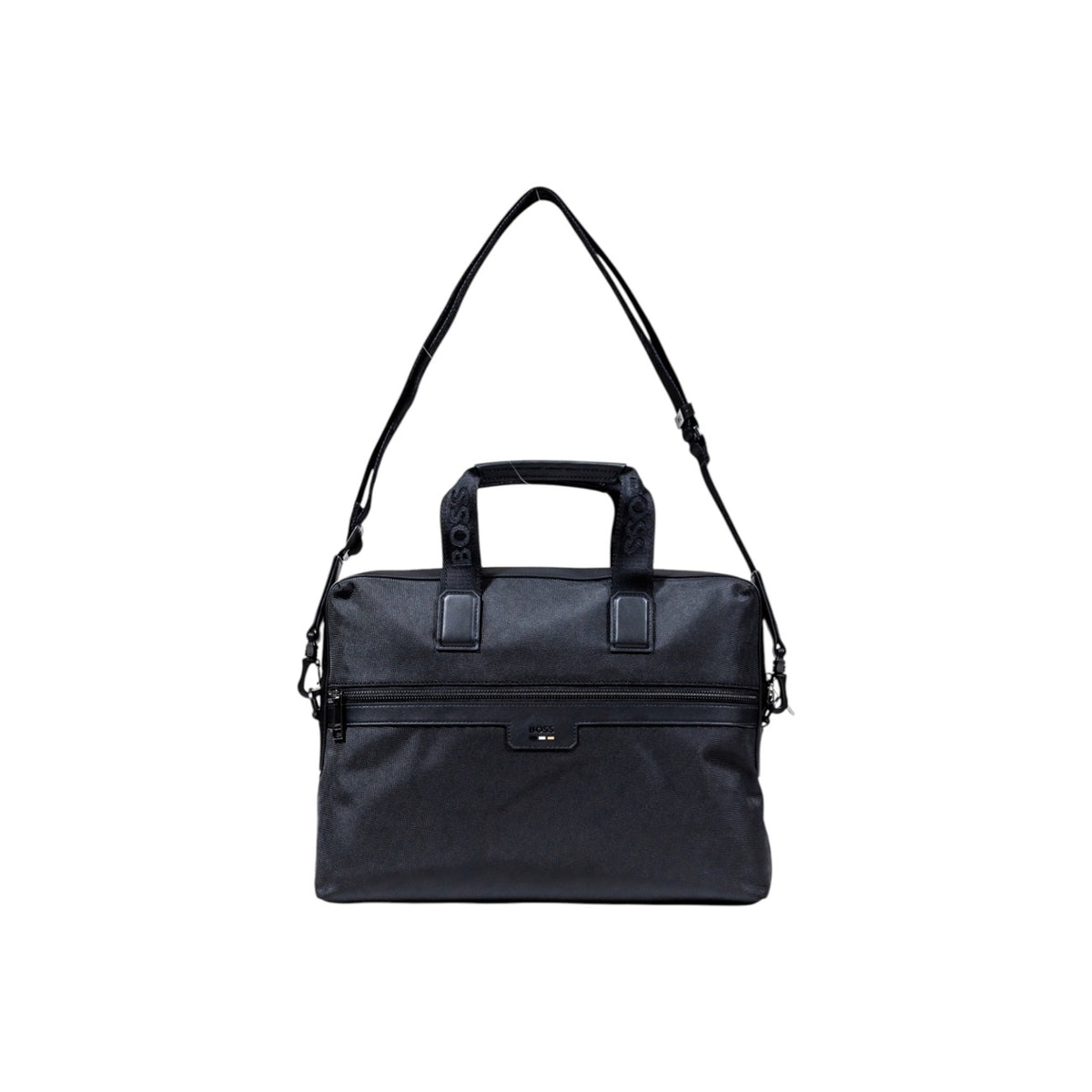 Borsa porta documenti uomo Boss nera Ray_N_Doc Case 50536181. Cartella lavoro e laptop da uomo nera in poliestere riciclato con doppi manici, tasca frontale zip e logo Boss, borsa business 4 stagioni.