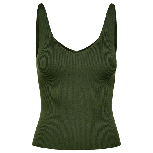 Canotta JDY Anna; Verde. 80% Viscosa, 20% Nylon. Maglia leggera, scollatura a V profonda, vestibilità slim. Capo essenziale e morbido, stile casual-chic. Vista stesa frontale
