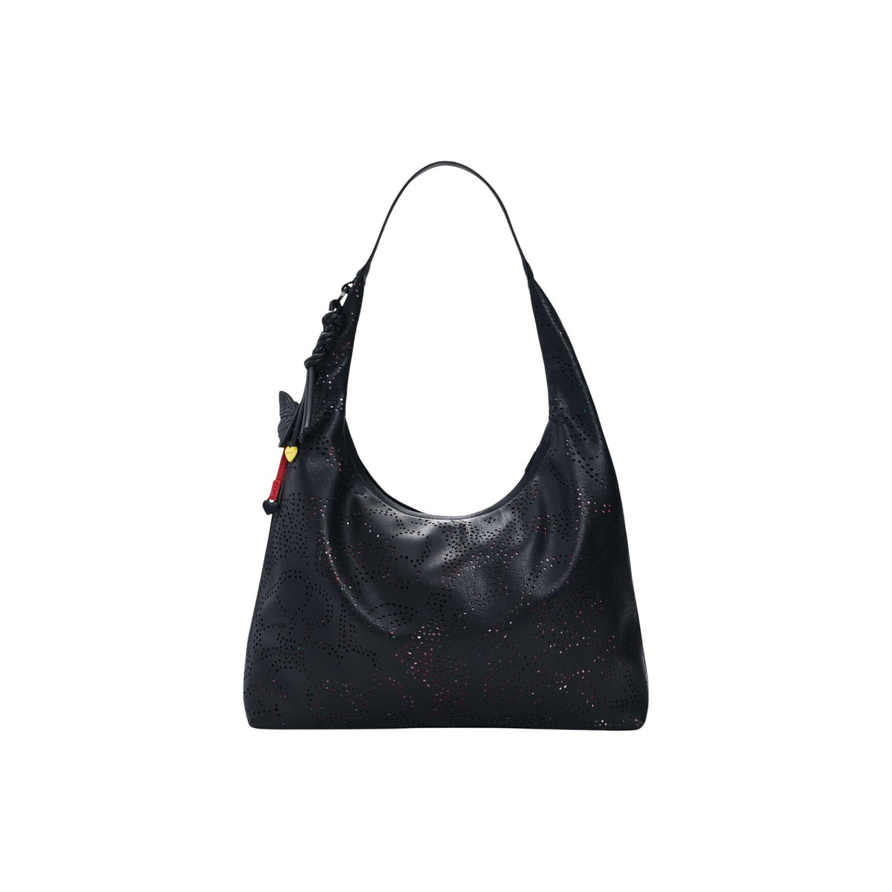 Borsa media traforata con fiori in effetto pelle su tessuto stampato, con manico fisso, manico intrecciato rimovibile a contrasto di colore e dettaglio charm a forma di farfalla. Vista posteriore